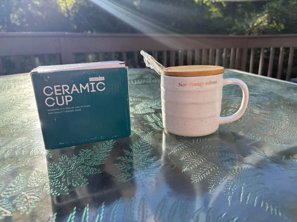 Creative Ceramic Cup White Speckled Coffee Mug with Bamboo Lid and Spoon